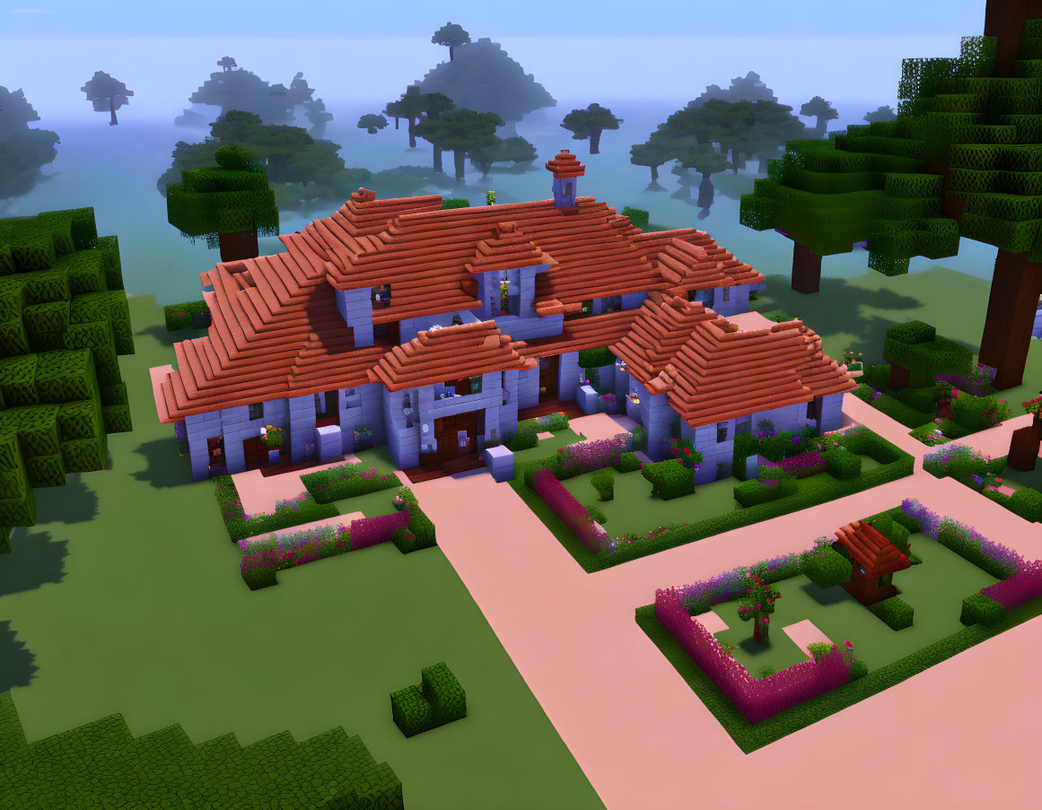 Spacious Minecraft house with terracotta roofs and light blue walls in forest setting
