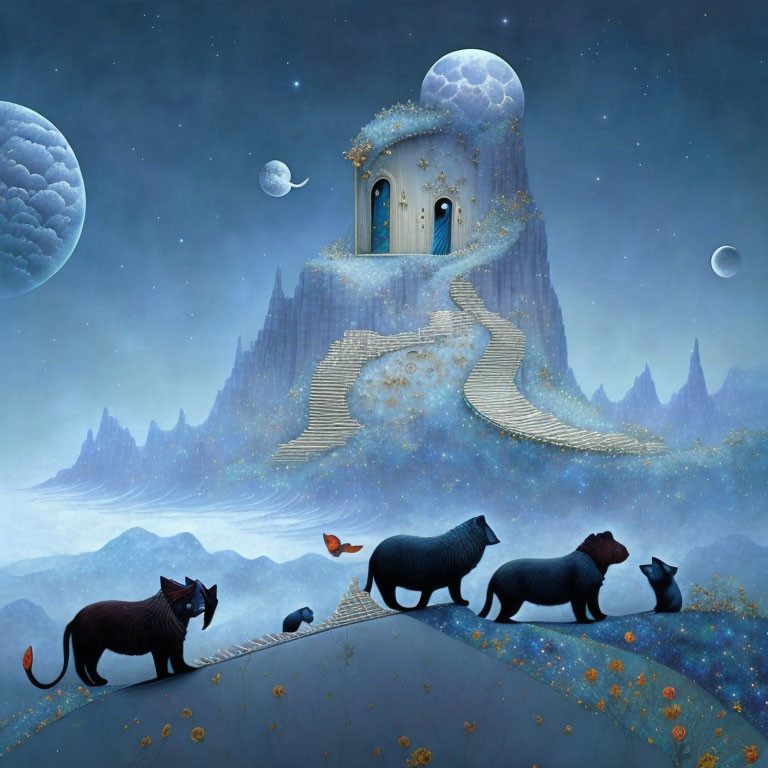 Whimsical fantasy night scene with castle, cats, flowers, and celestial bodies