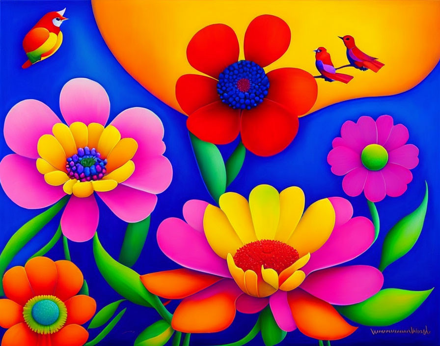 Colorful Floral Painting with Whimsical Birds on Blue Background