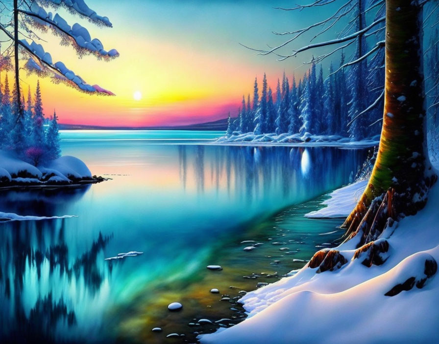 Tranquil winter landscape with sunset reflection on lake