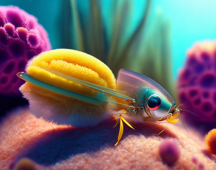 Colorful digital artwork of a fantastical sea creature with translucent wings and expressive eyes among vibrant coral