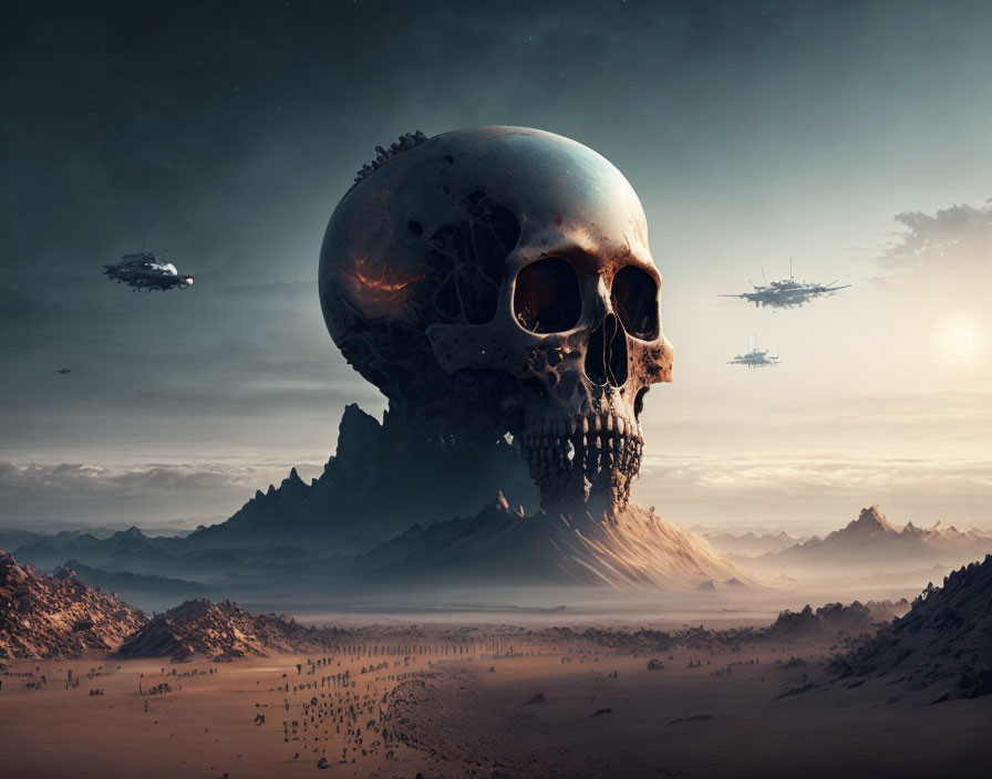 Gigantic skull in desert with hovering spaceships