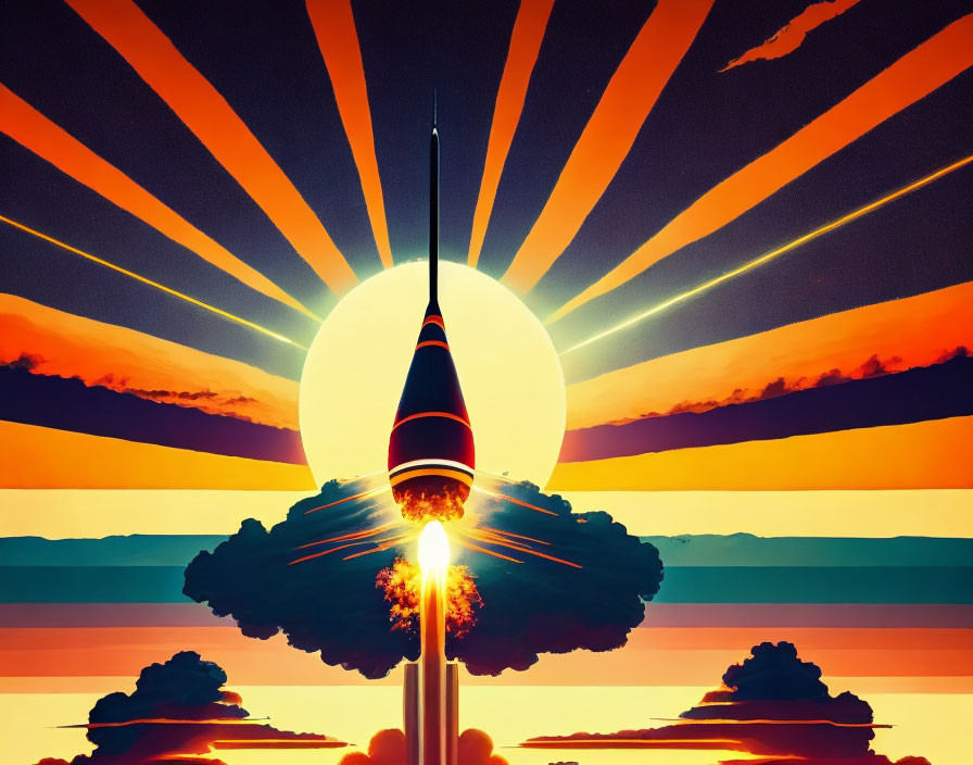 Rocket Launch Illustration with Vibrant Sunset Backdrop