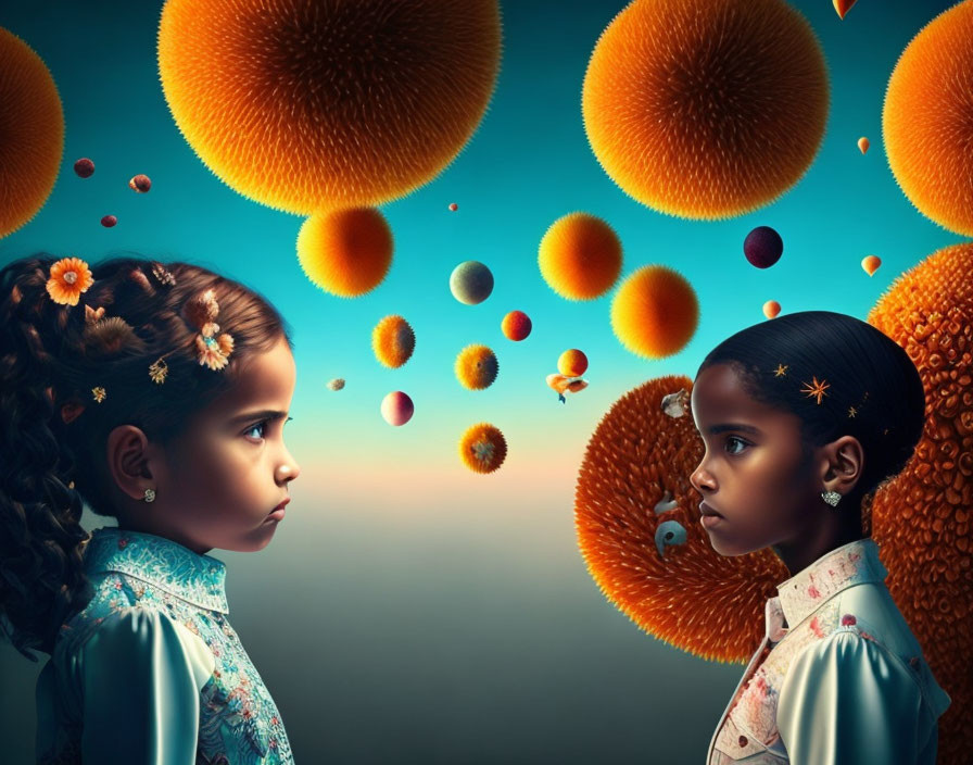 Two girls surrounded by fuzzy spheres on blue gradient background