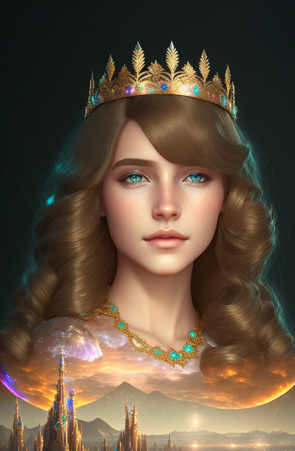 Digital artwork of woman with blue eyes, wavy hair, golden crown, jewelry, fantasy cityscape