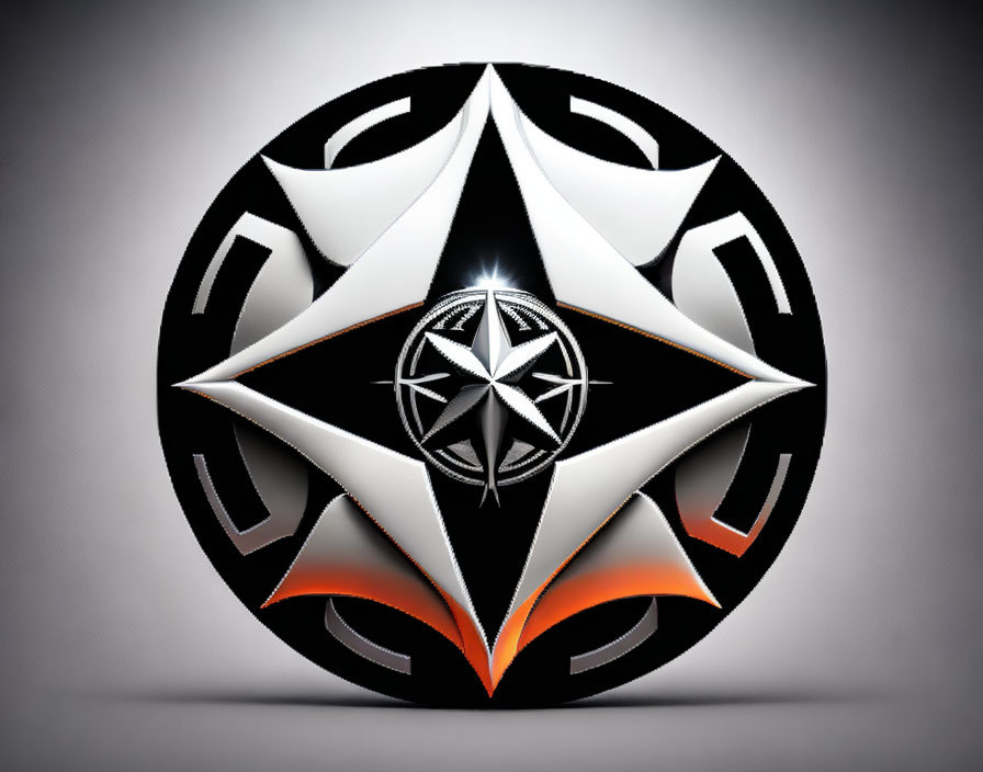 Circular black and white tribal emblem with pentagram-like star and flame motif