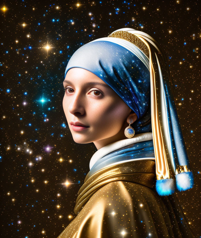 Woman in Blue and Gold Headwrap with Cosmic Starry Background Inspired by Renaissance Portraiture