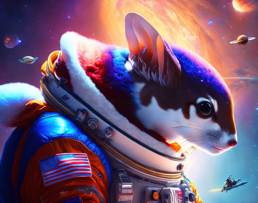 Illustration of cat in astronaut suit with cosmic backdrop