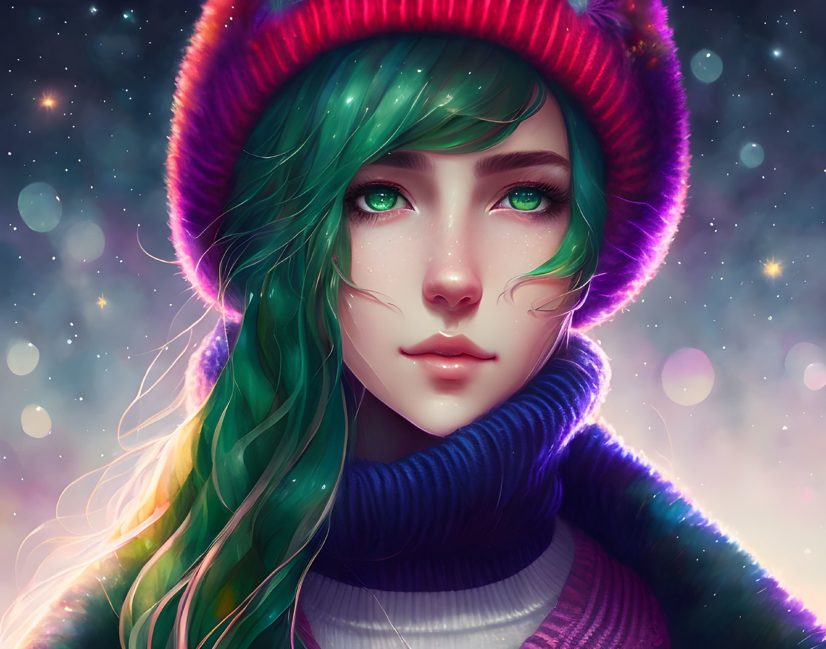 Digital artwork of girl with green hair in colorful hat & turtleneck, surrounded by sparkling stars.