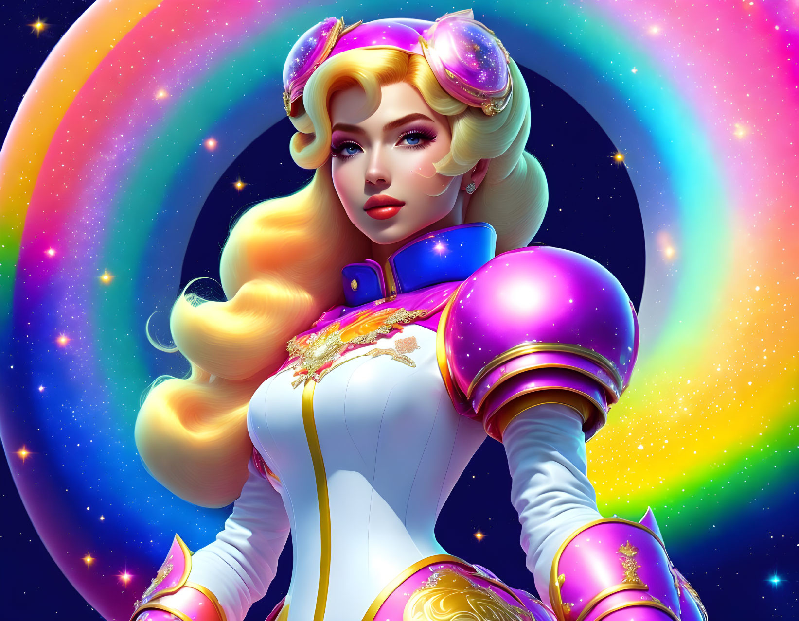 Vibrant animated female character in futuristic armor against cosmic rainbow background