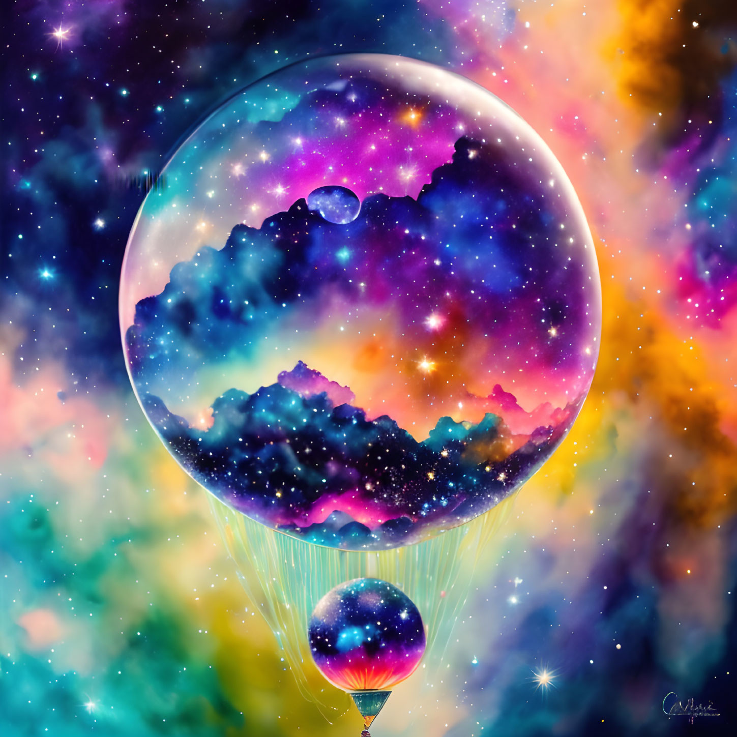 Colorful Digital Artwork: Balloon-like Sphere with Cosmic Landscape Against Starry Nebula