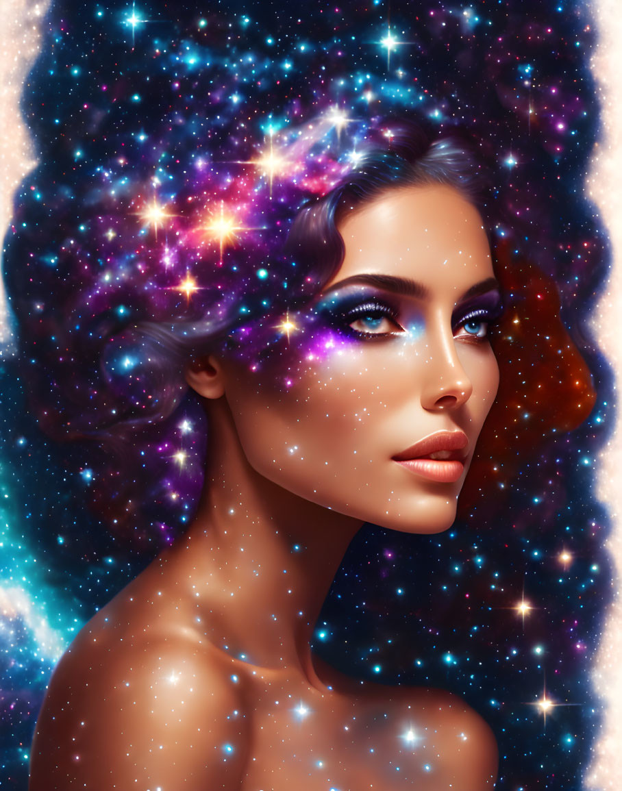 Digital Art: Woman with Cosmic Makeup in Starry Nebula Hair