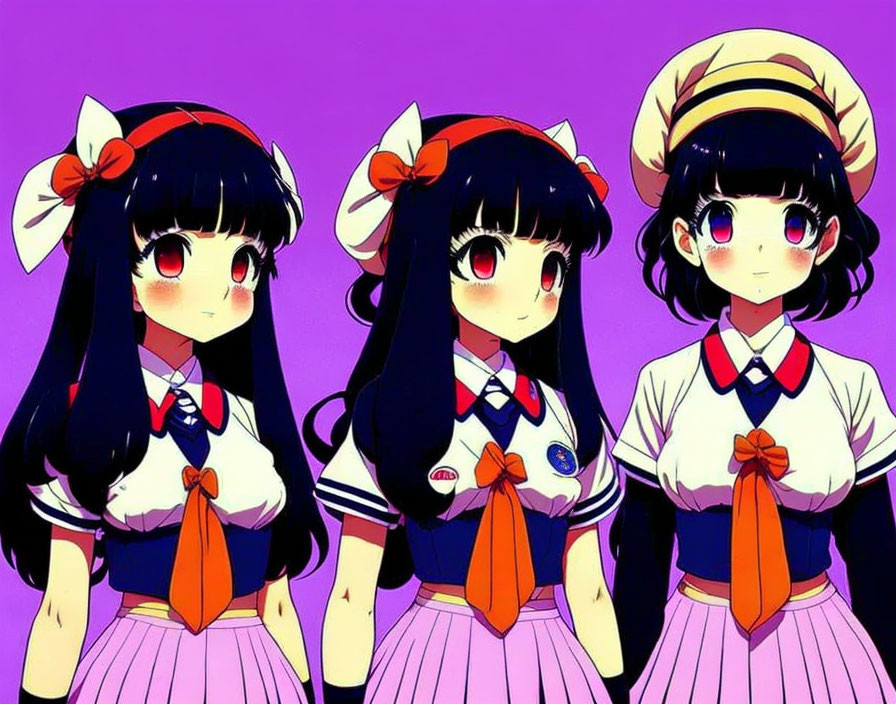 Three anime girls in sailor-style uniforms, dark hair, and accessories on purple background