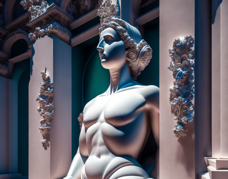 Classical Female Figure Sculpture with Ornate Hair in Blue-toned Setting