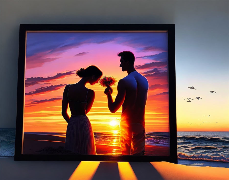 Silhouetted couple at sunset beach in glowing framed picture