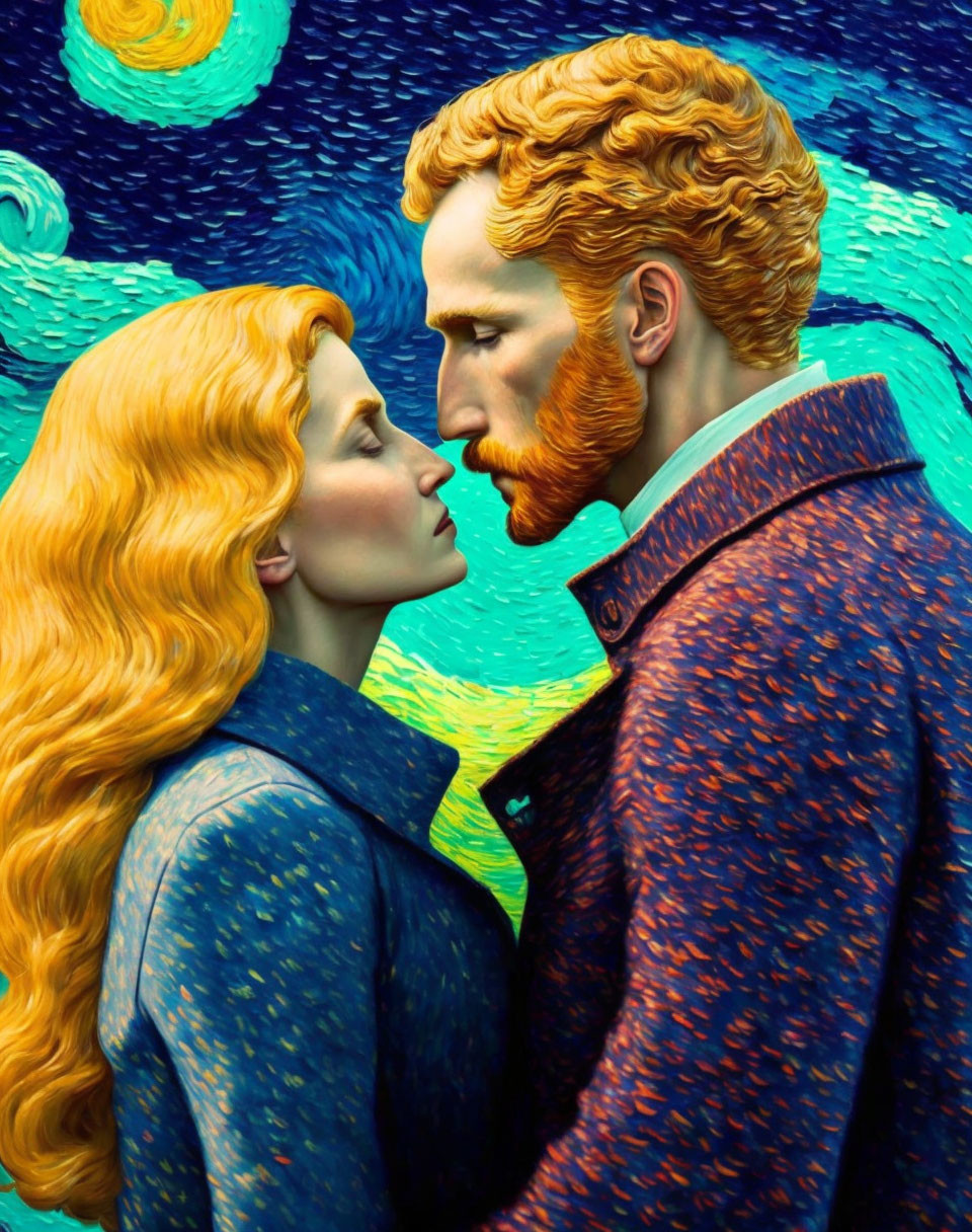 Stylized portrait of man and woman with swirling background reminiscent of "Starry Night