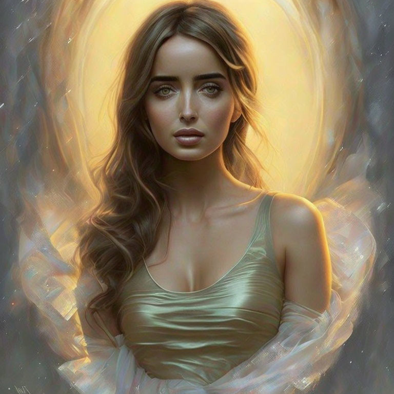 Woman's Portrait with Flowing Hair and Ethereal Glow Evoking Fantasy Theme