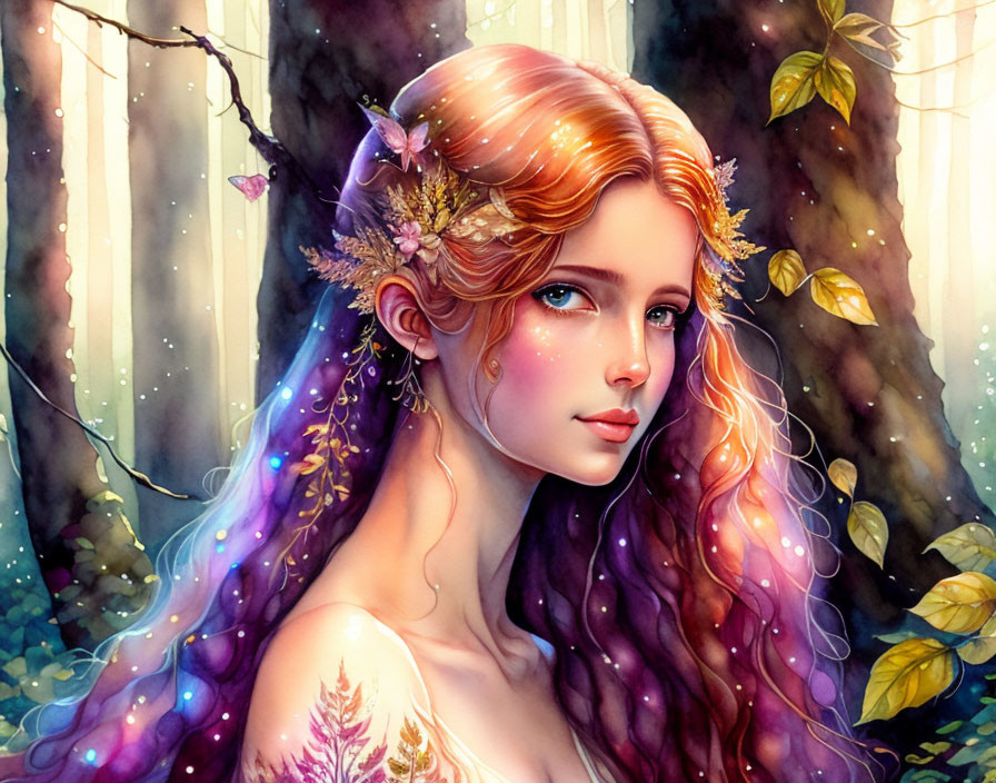 Colorful flowing hair female figure in whimsical forest setting