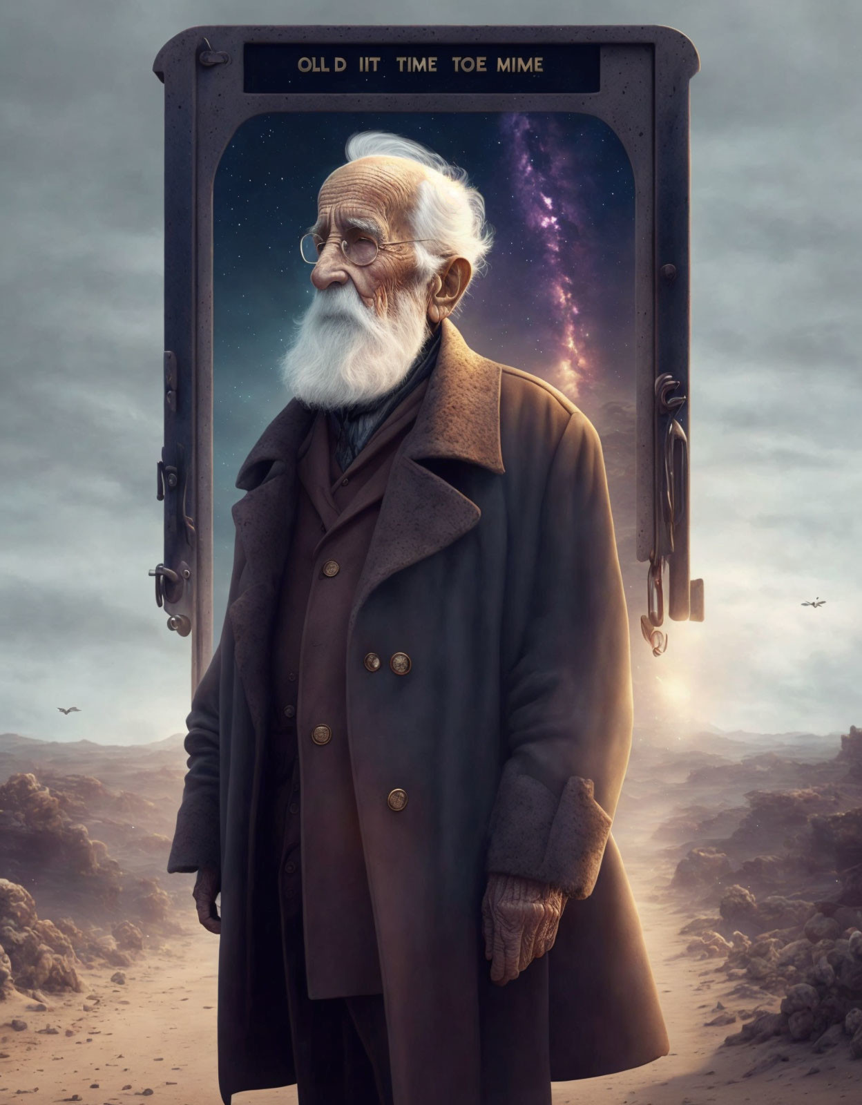 Elderly man with white beard in brown coat by cosmic doorway