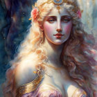Fantasy painting: Woman with blonde hair, gemstone headpiece, floral motifs