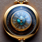 Golden Pocket Watch with Roman Numerals on Textured Background