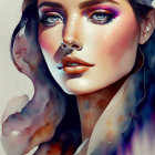 Digital Artwork: Woman with Striking Blue Eyes and Purple Eyeshadow