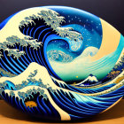 Circular Artwork: Stylized Wave Pattern in Deep Blues and Whites