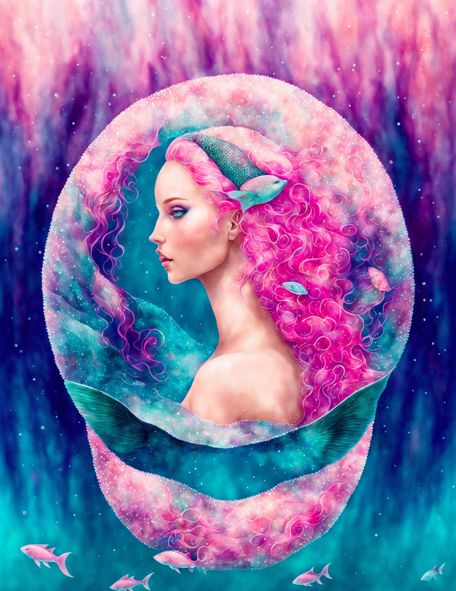 Surreal pink-haired woman in cosmic setting with fish, mermaid theme