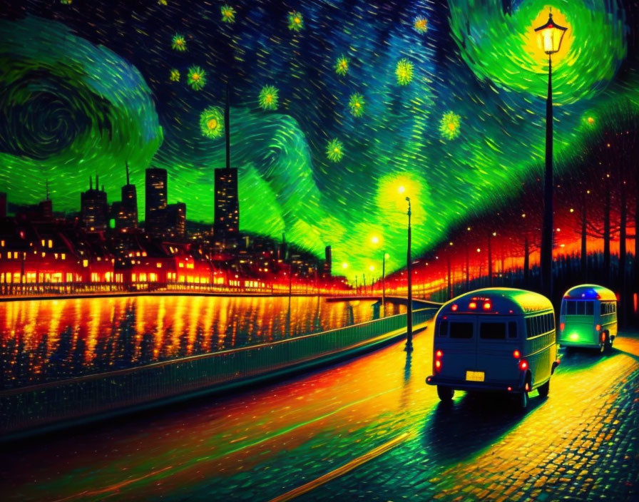 Colorful vehicles on waterfront road under starry night sky