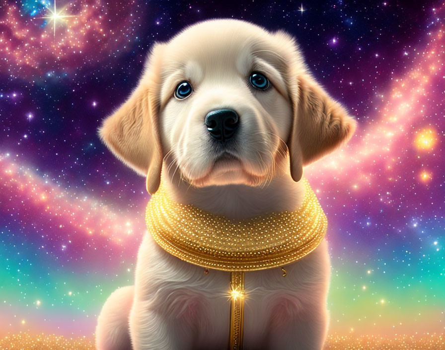 Adorable puppy with golden collar on cosmic backdrop.