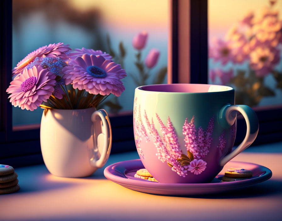 Purple Floral Mug, Cookies, and Pink Flowers in Cozy Dusk Setting