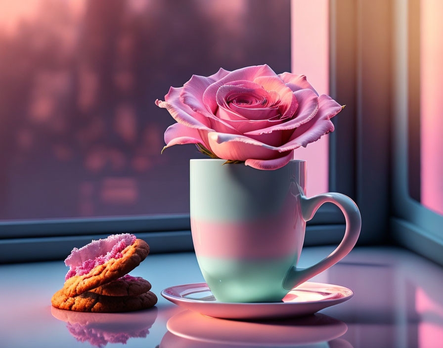 Pastel Cup with Rose and Cookies by Window at Sunset
