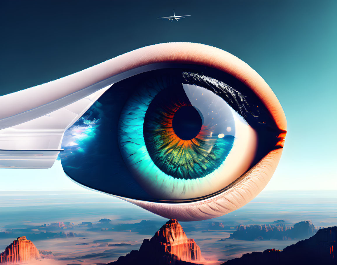 Detailed Human Eye Overlooking Mountainous Landscape with Airplane
