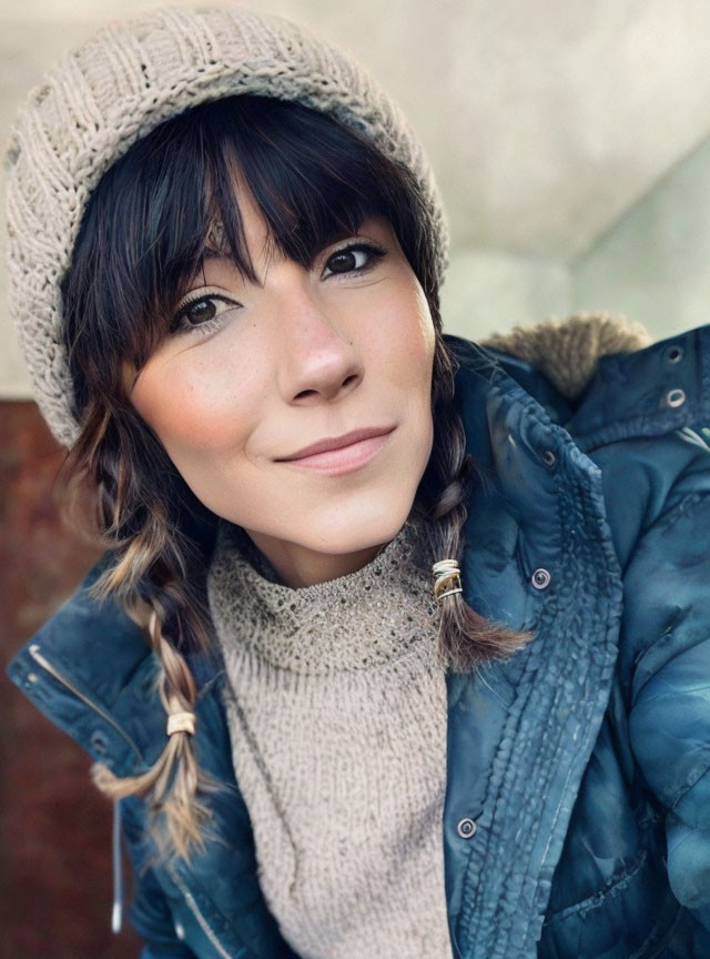 Smiling woman in beanie, braided hair, blue jacket, turtleneck sweater