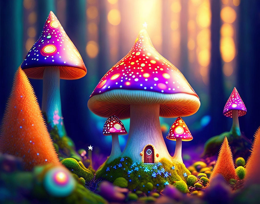 Colorful Mushroom Forest with Magical Door & Light Beams