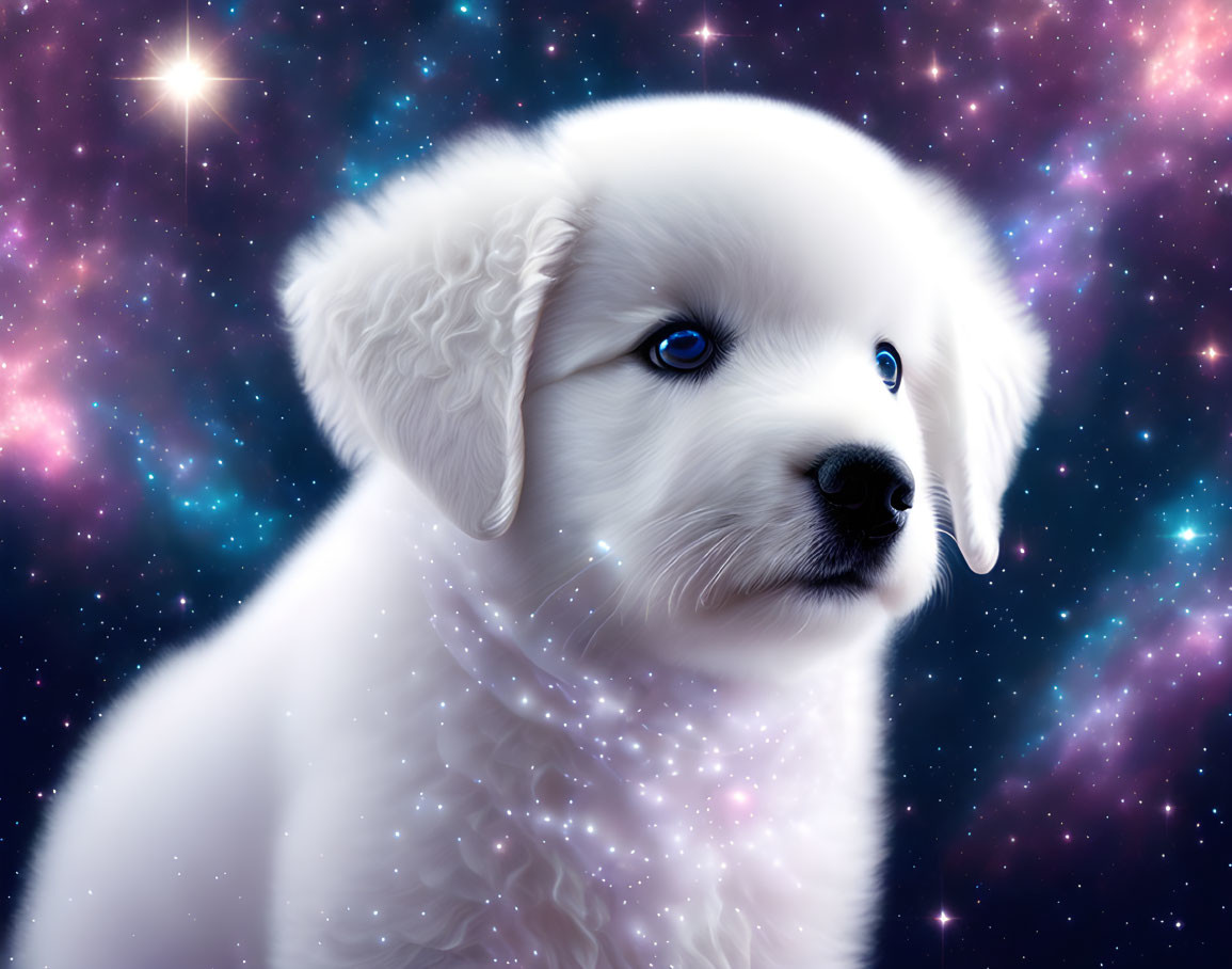 White Fluffy Puppy with Blue Eye on Cosmic Background
