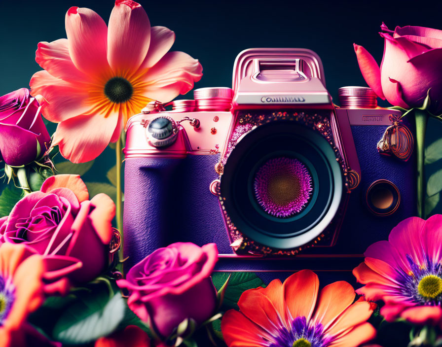 Colorful Vintage-Style Pink Camera with Flowers on Dark Background