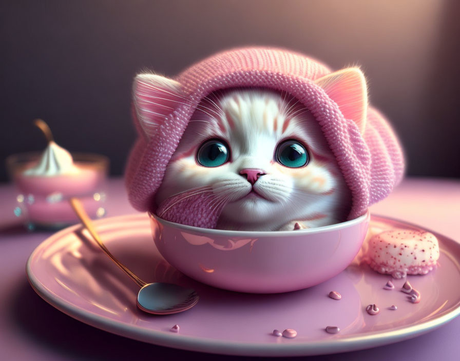 Wide-eyed kitten in pink hat sitting in bowl with macaron and spoon