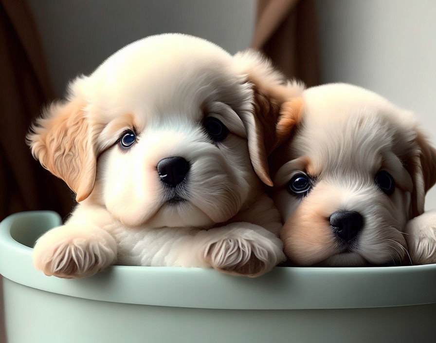 Fluffy puppies with big eyes in light container