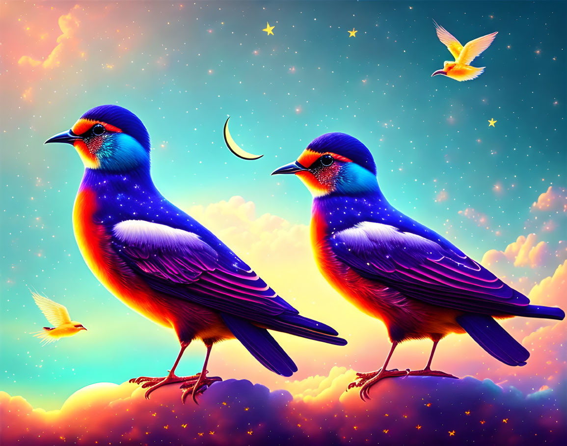 Colorful birds with starry texture in twilight sky with moon and stars