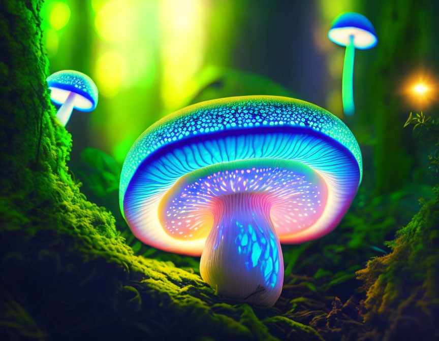Luminescent mushroom in mystical forest with green mossy surroundings