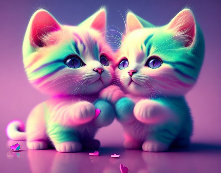 Vibrant Stylized Animated Kittens in Pink and Blue on Purple Background