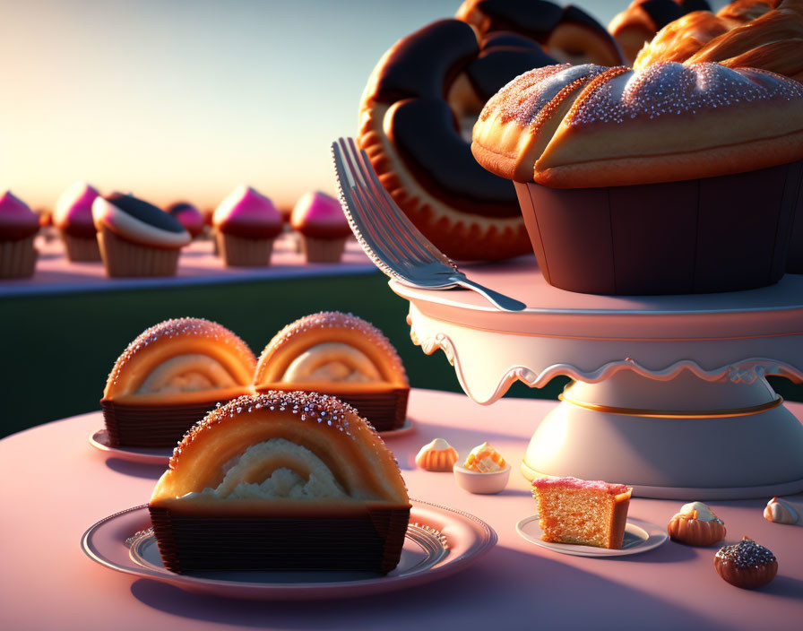 Whimsical 3D illustration of oversized pastries and confections on a dessert spread table