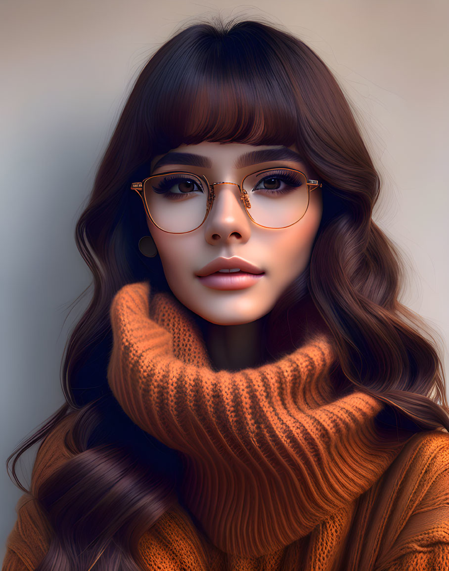 Portrait of Woman with Long Brown Hair in Gold Glasses & Orange Turtleneck