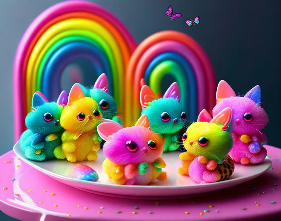 Vibrant display of fluffy toy creatures with rainbows and butterflies