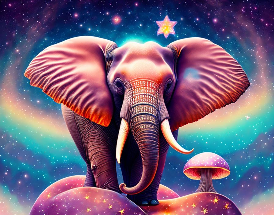 Colorful Elephant on Mushroom Under Starry Sky with Cosmic Elements