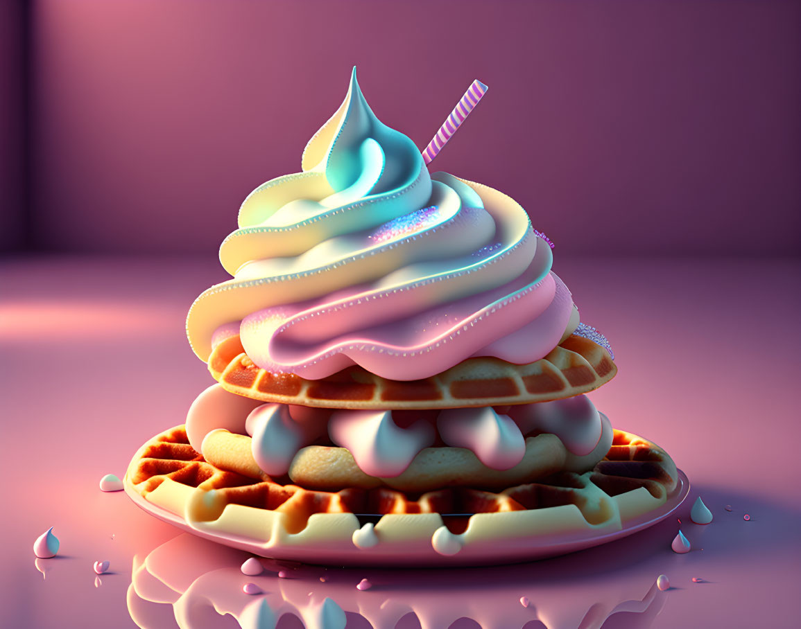 Delicious stack of waffles with cream and syrup under colorful lighting