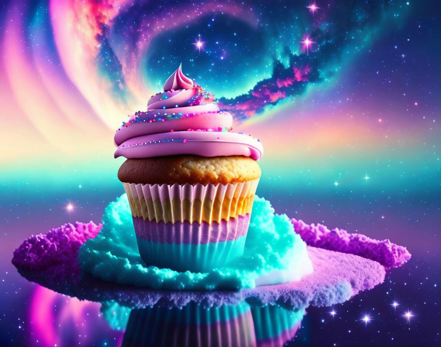 Colorful Cupcake with Pink Icing on Cosmic Background