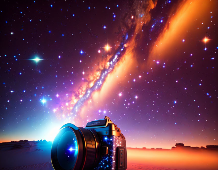 Digital Camera Captures Desert Landscape Under Starry Galactic Sky