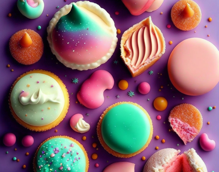 Vibrant Cosmic-Themed Pastries and Candies on Purple Background